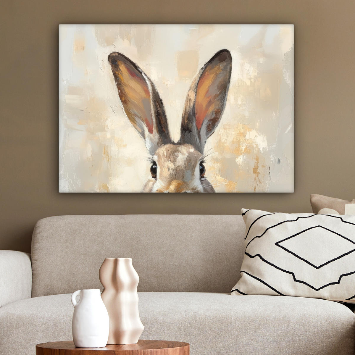 LEINWANDBILD Hase - Ohren - Braun Wandbilder 80x60 cm - Beige, Textil (80/60cm) - MuchoWow