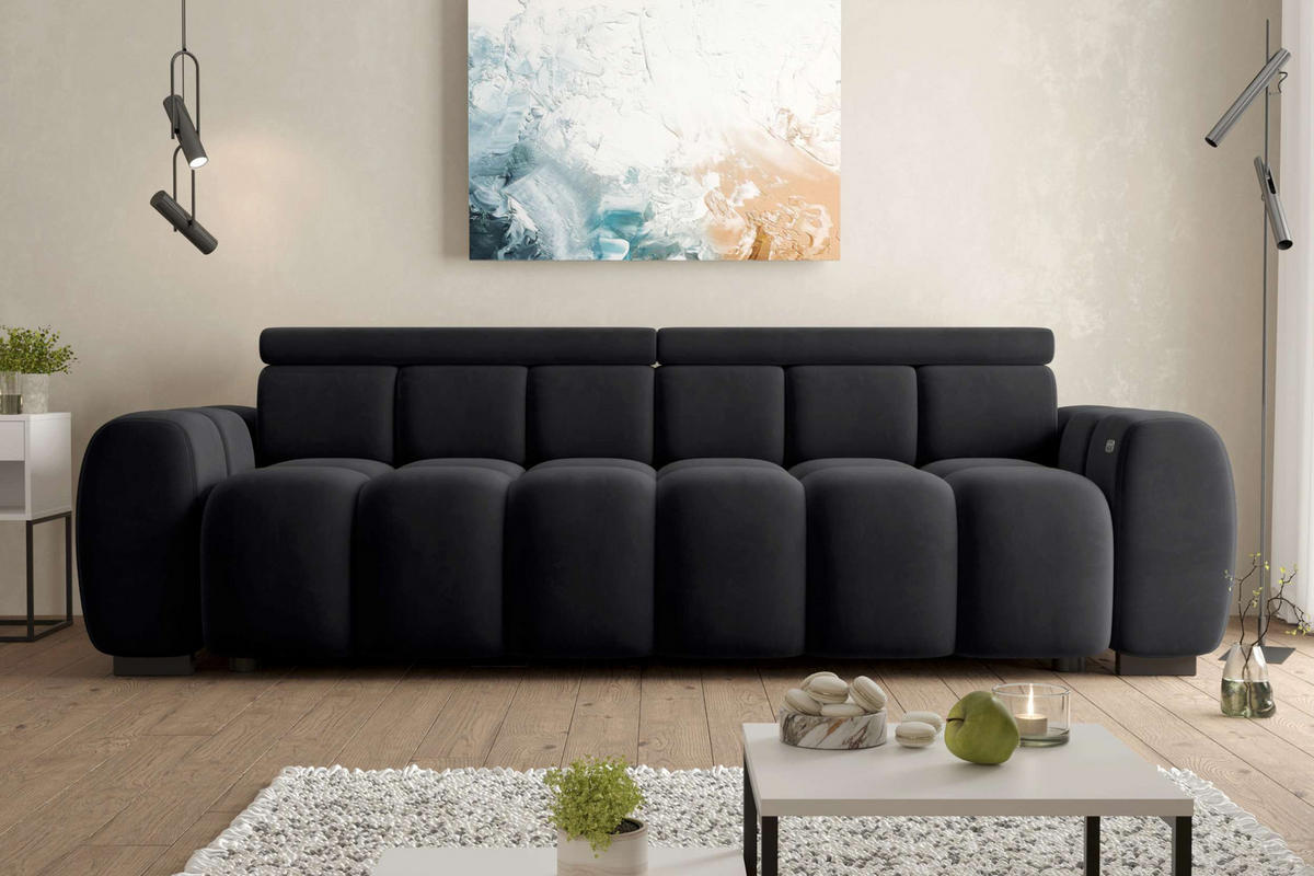 BIGSOFA ALESSIO Velours Schwarz mit elektrischer Sitztiefenverstellung - Schwarz, Kunststoff/Textil (248/77/108cm) - 99rooms