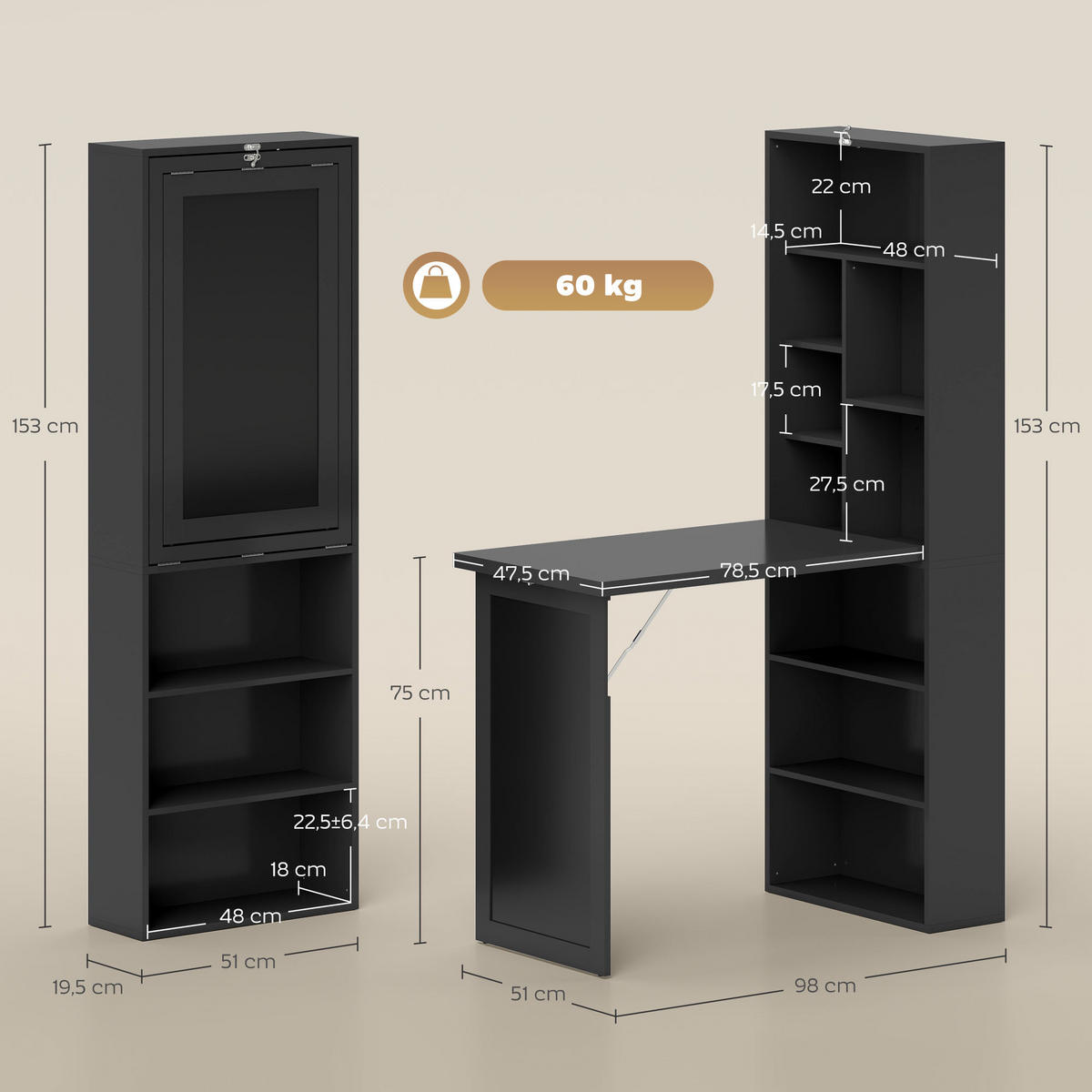 SCHREIBTISCH Schwarz klappbar mit Regal und Tafel 98/51/153 cm - Schwarz, Holzwerkstoff (51/98/153cm) - PANGIVO