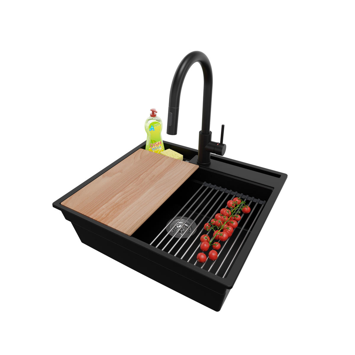 GRANITSPÜLE Oslo Pocket, 2-er set Schwarz 58/53 cm 1 Becken + Küchenarmatur 40/20 cm + Ablauf-Set + Küchenzubehörset ab 60er Unterschrank - Chromfarben/Beige, Kunststoff (58/20/53cm) - Primagran