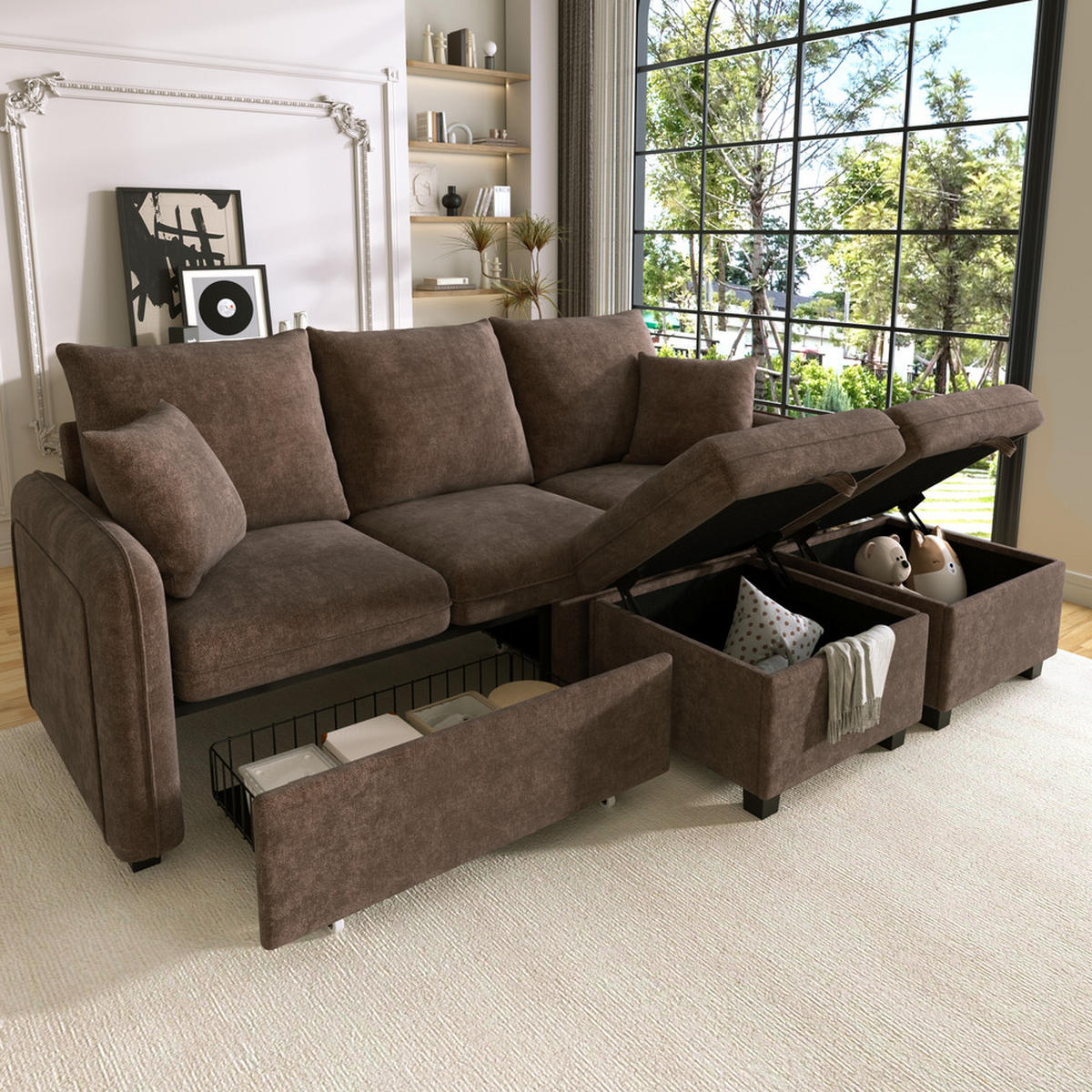 ECKSOFA 188x186cm Schlaffunktion Stauraum Modular - Braun, Textil (186/188cm) - Raelunyi