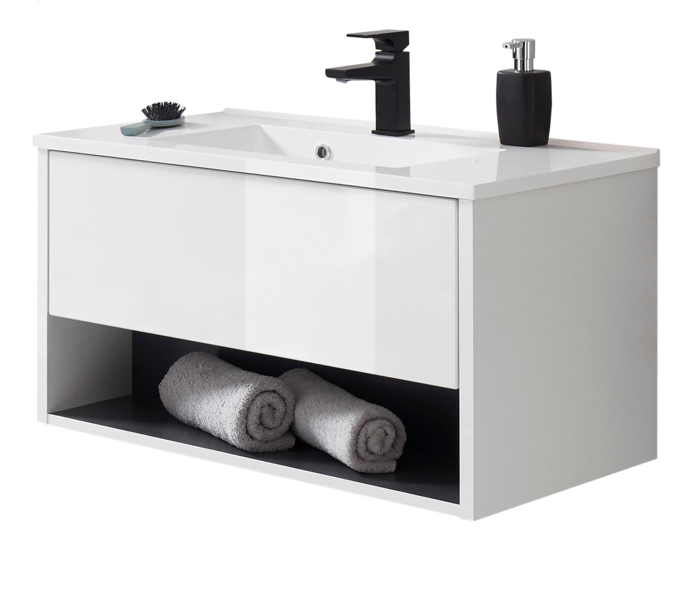 WASCHBECKENUNTERSCHRANK mit Waschbecken weiß Hochglanz, grau 80 cm hängend - Weiß Hochglanz/Grau, Holzwerkstoff/Metall (80/44/47cm) - Furn.Design