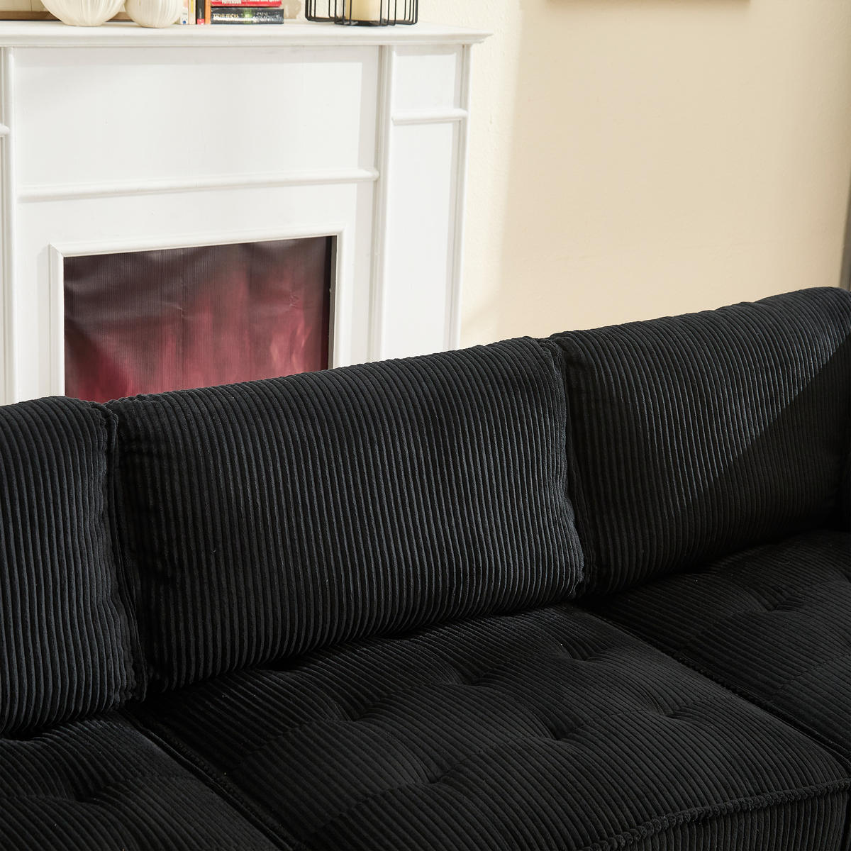 WOHNLANDSCHAFT 6-SITZER Cord Schwarz mit Seitentaschen - Schwarz, Holzwerkstoff/Kunststoff (308/82/154cm) - WISHDOR