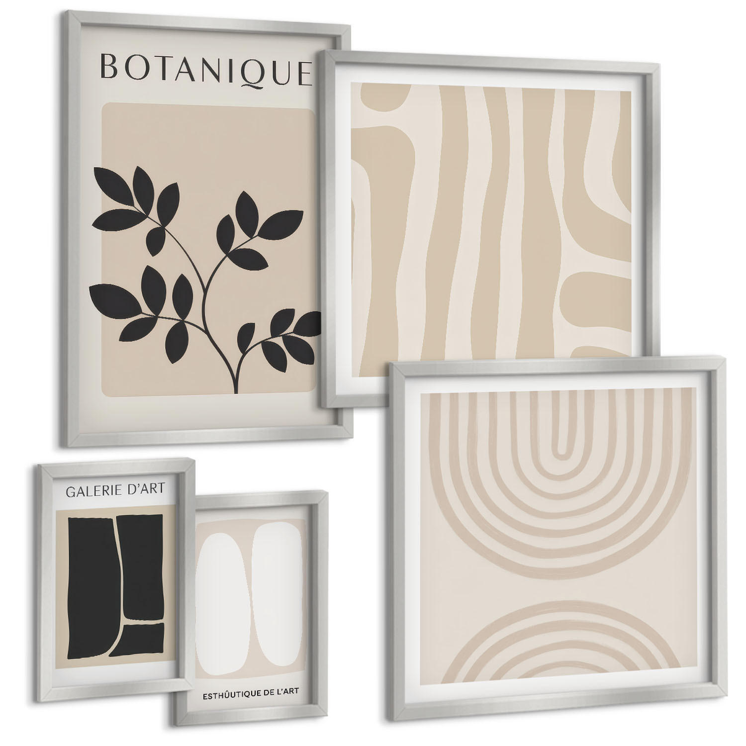 BILDER SET 5er Set - 50x50 cm & 20x30 cm & 40x60 cm Silberner Rahmen - Boho-Pflanzenposter - Silberfarben, Kunststoff (40/60cm) - TULUP