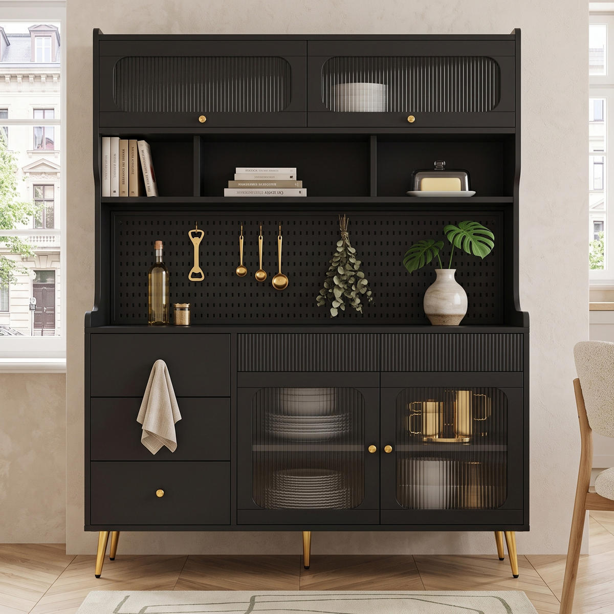 KÜCHENSCHRANK Schwarz mit LED & App-Steuerung, Lift-up-Glastüren & Lochwand - Schwarz, Holzwerkstoff (145/71/39cm) - Urban Meuble