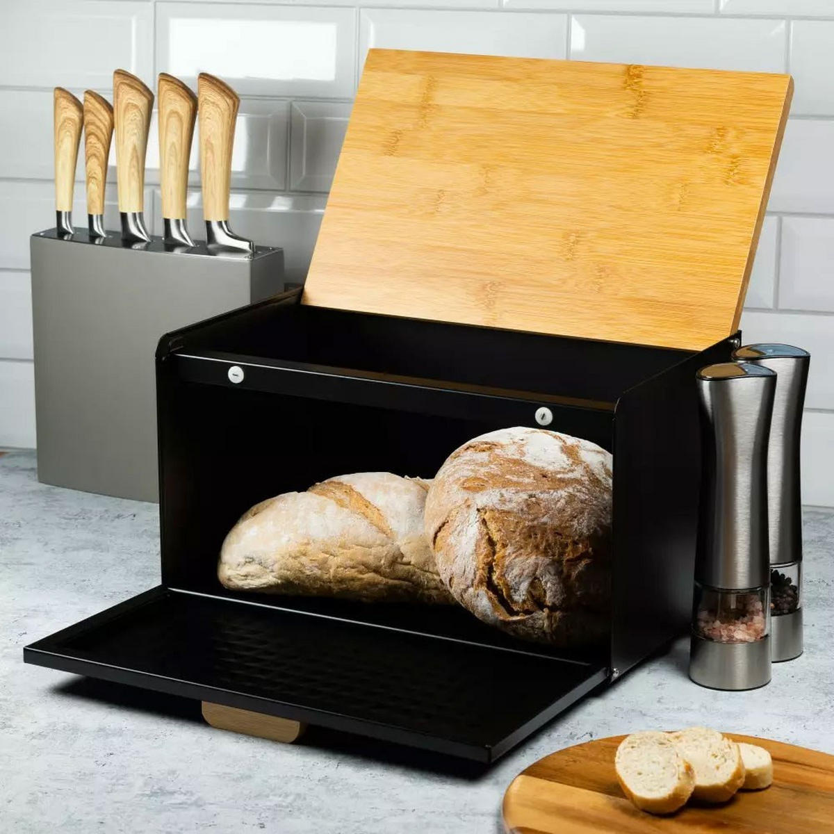 BROTKASTEN Schwarz 35.5/23.5/21 cm KB7425 - Schwarz, Holz (23.5/21/35.5cm) - Klausberg 