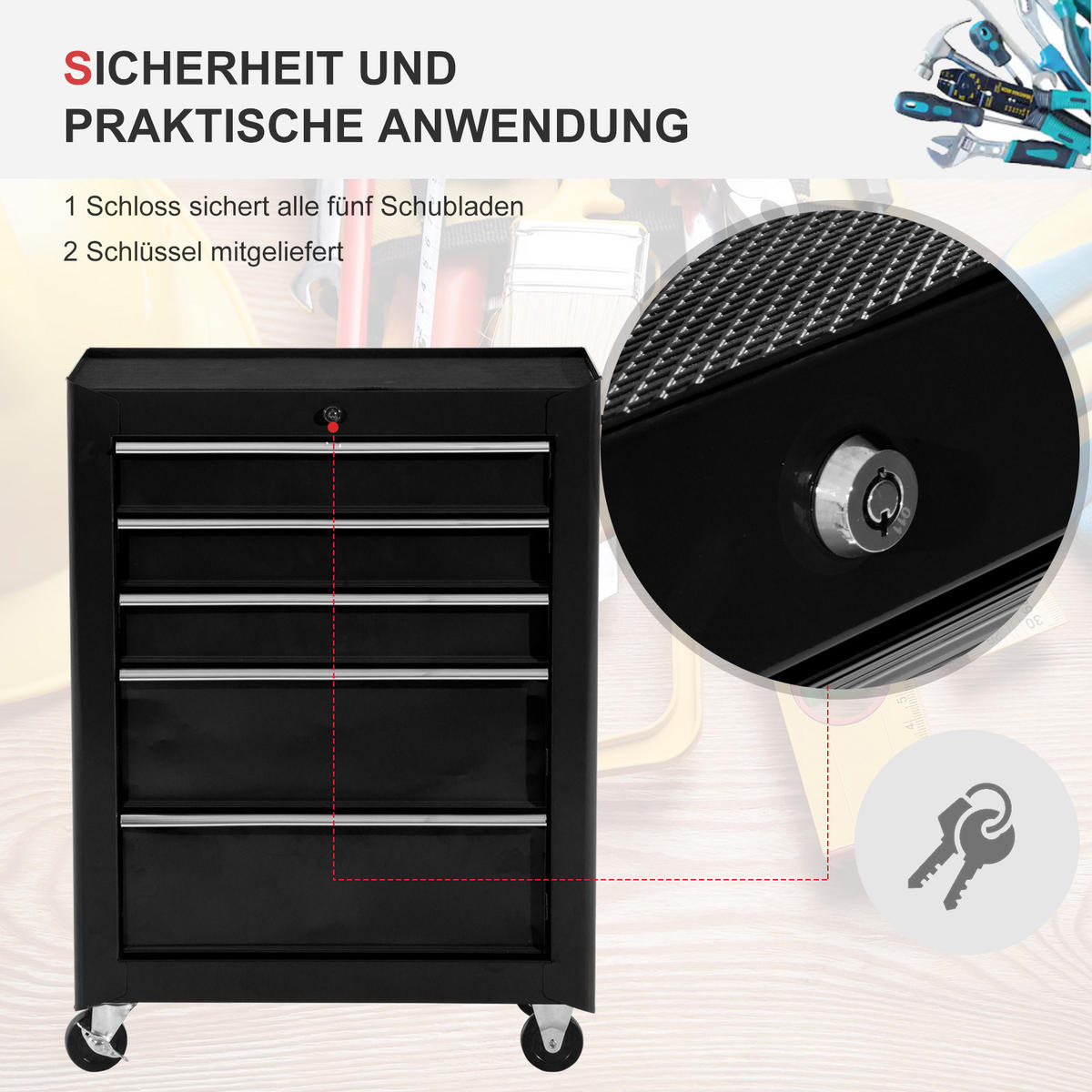 WERKSTATTWAGEN abschließbar mit 5 Schubladen Schwarz - Schwarz, Metall (61.5/82.5/33cm) - HOMCOM
