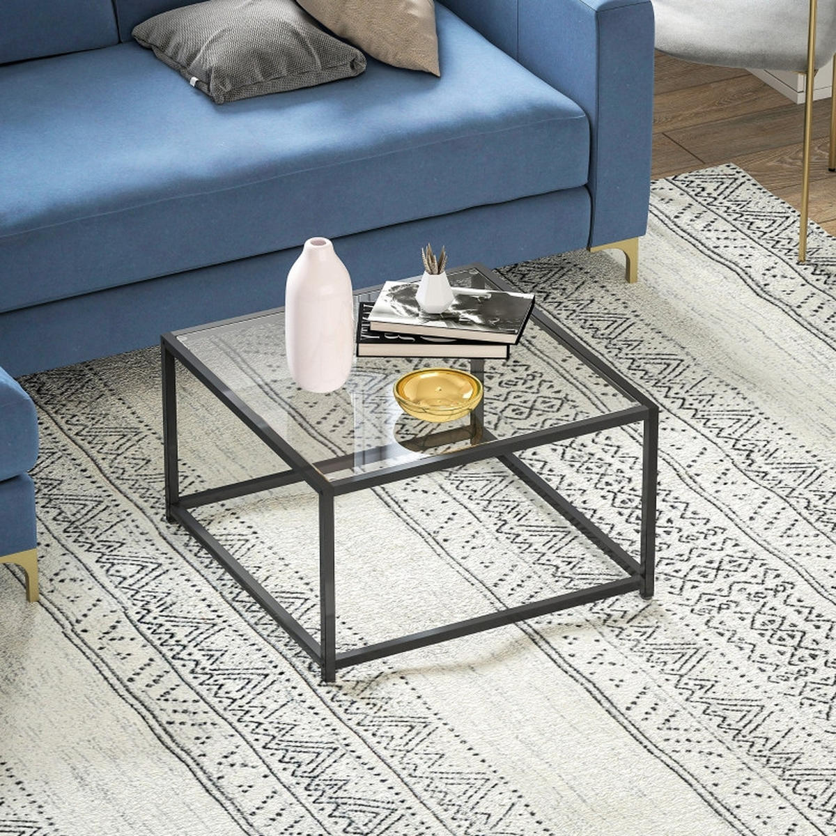 COUCHTISCH 68/68/39 cm Schwarz aus gehärtetem Glas und Stahlrahmen - Schwarz, Glas (68/68/39cm) - OKWISH