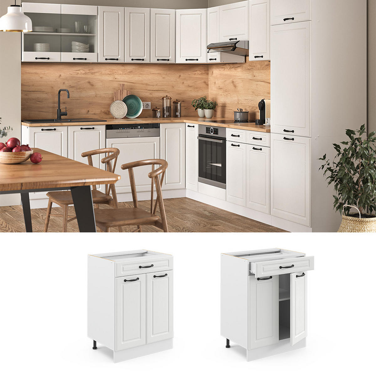 KÜCHENUNTERSCHRANK R-Line Weiß Landhaus 60 cm mit Schublade, AP Marmor - Creme/Weiß, Holzwerkstoff (60/81.6/60cm) - Vicco