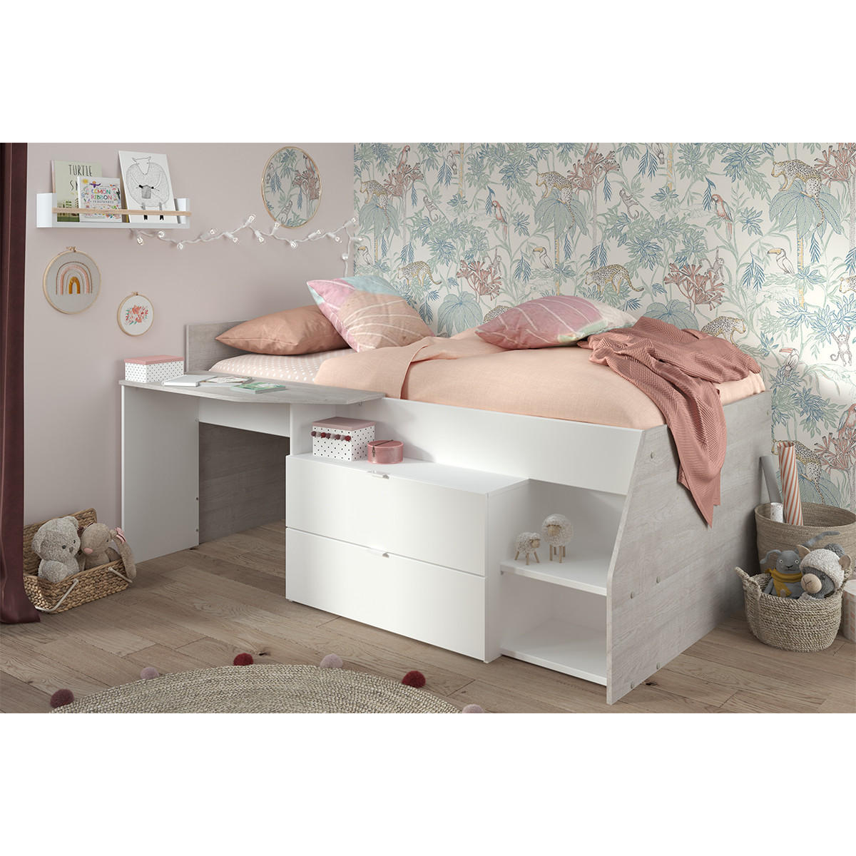 HOCHBETT Milky 1 in Weiß und Grey Loft 90 x 200 cm - Hellgrau/Weiß, Holz (90/200cm) - Parisot Meuble