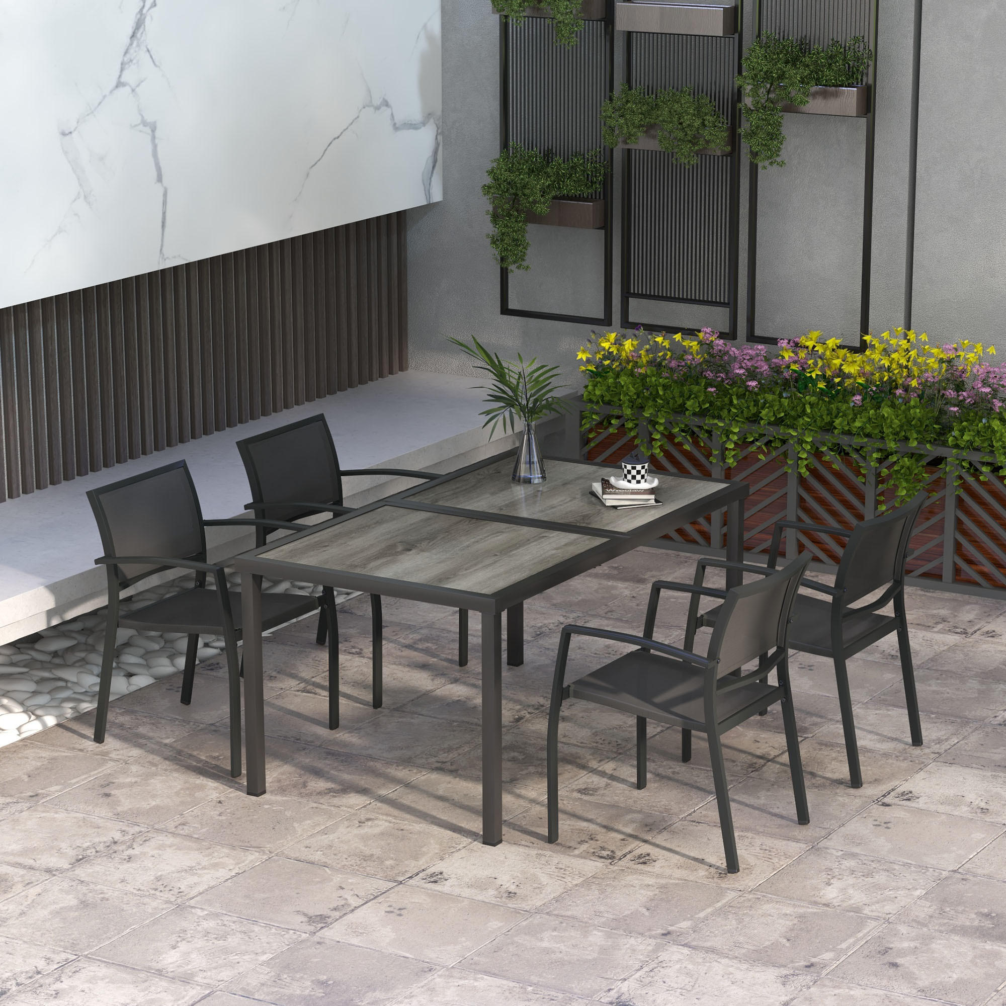 SITZGRUPPE Gartenmöbel-Set, 1 Esstisch, 4 stapelbaren Stühlen, Textil, Dunkelgrau - Grau, Textil/Metall - Outsunny