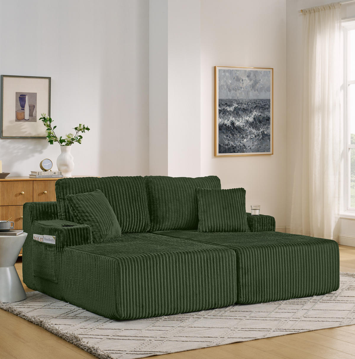 SCHLAFSOFA aus Kordstoff und Schaumstoff Grün mit Getränkehalter, Seitentasche und abnehmbaren Kissen - Grün, Kunststoff (186/78/154cm) - Modfu