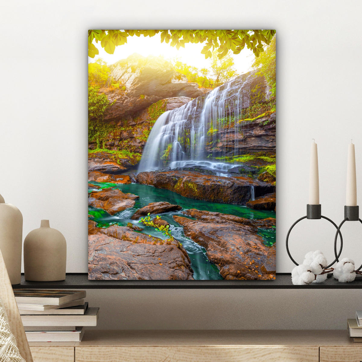 LEINWANDBILD Natur - Wasserfall - Pflanzen - Bäume - Sonne Room Decor 30x40 cm - Olivgrün, Textil (30/40cm) - MuchoWow