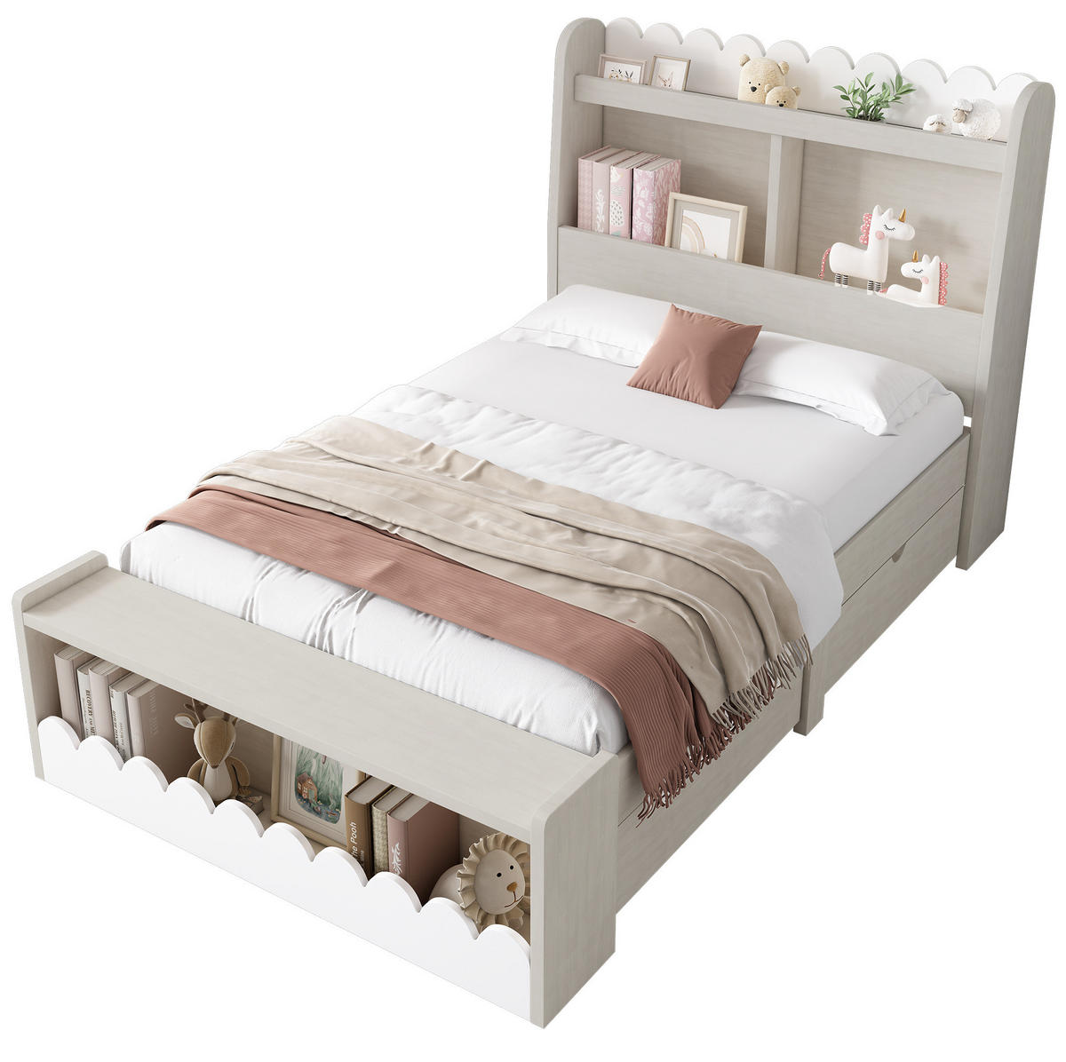 KINDEREINZELBETTEN aus Massivholz & MDF 90x200 cm in Beige mit Schubladen & Regal - Beige, Holzwerkstoff (90/200cm) - Modfu