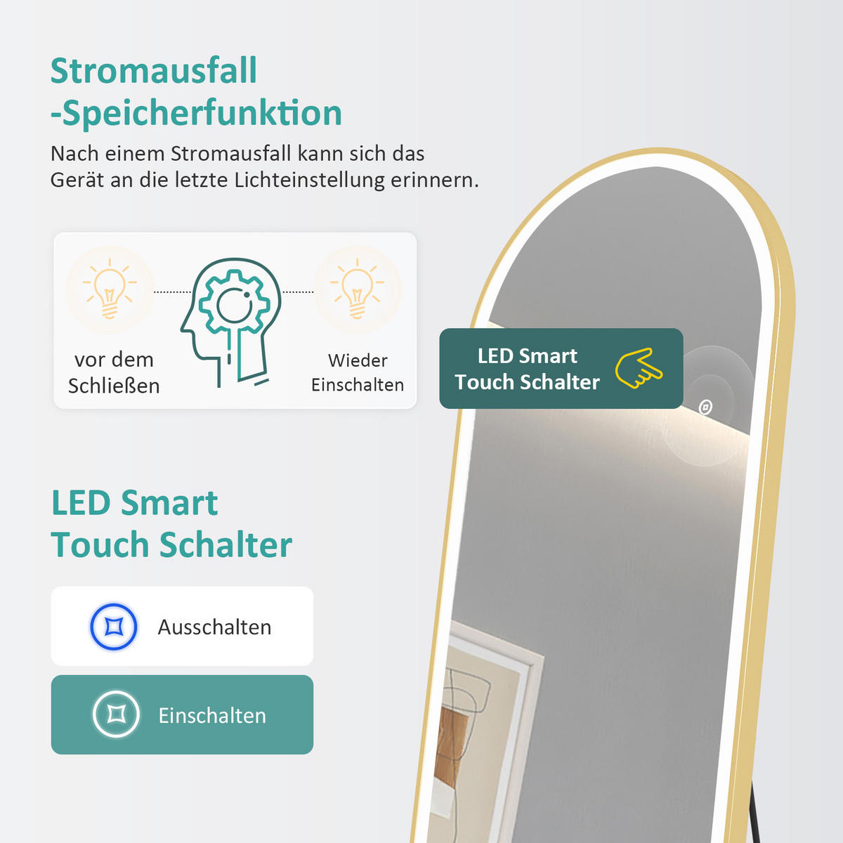 STANDSPIEGEL mit Beleuchtung und Rahmen Gold 160/60 cm - Goldfarben, Glas/Metall (60/160/160cm) - EMKE