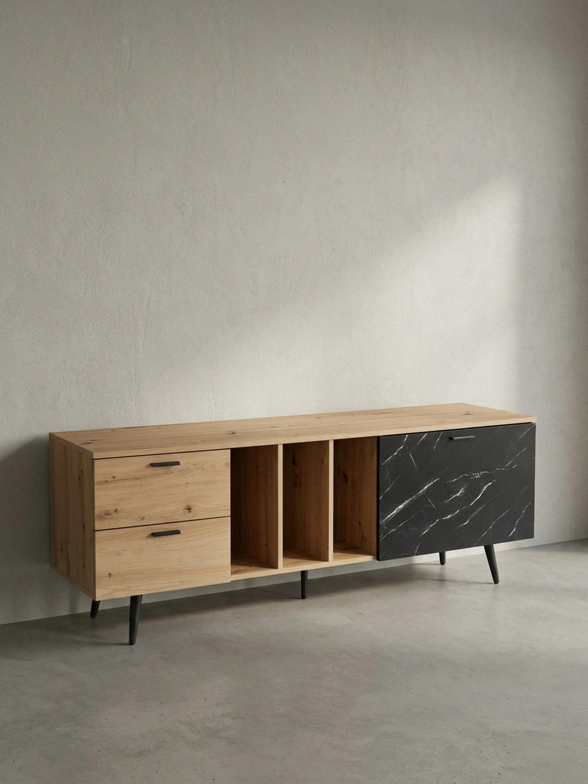 TV-LOWBOARD mit Eiche-Dekor, Tür und Schubladen, kompakte Aufteilung, Braun-Schwarz/Marmoroptik 150x40x55 cm - Anthrazit/Schwarz, Holzwerkstoff/Metall (150/55/40cm) - KADIMA DESIGN