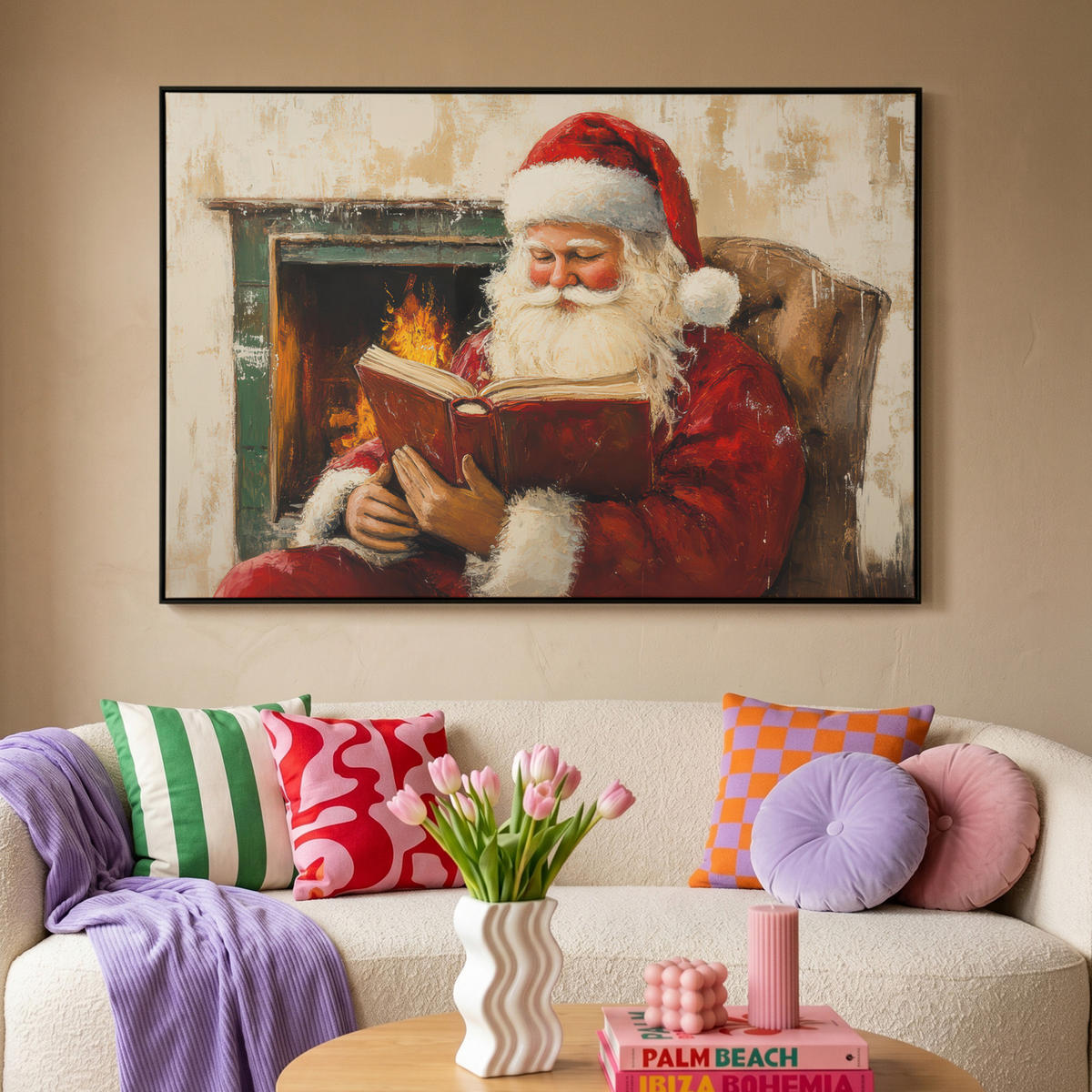 LEINWAND Bilder mit Rahmen - Weihnachten - Weihnachtsmann - Winter - Open Fireside - 150x100 - Dunkelrot, Textil (150/100cm) - MuchoWow