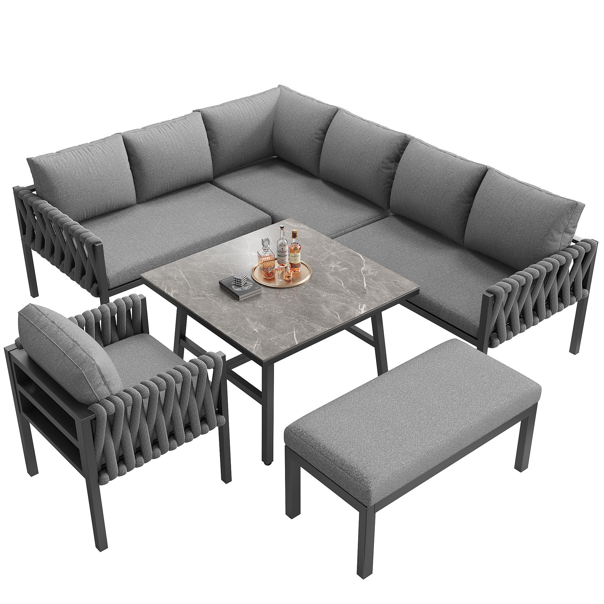 GARTENMÖBELSET 238/61/78 cm grau aus Metall und Polyester mit Kissen und Glastisch - Grau, Metall - OKWISH