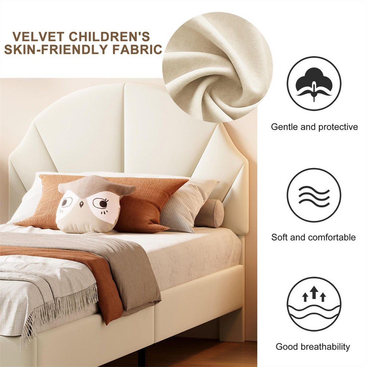 KINDERBETT 90x200 cm mit höhenverstellbarem Kopfteil - ohne Matratze - Beige - Beige, Textil (90/200cm) - DELFA
