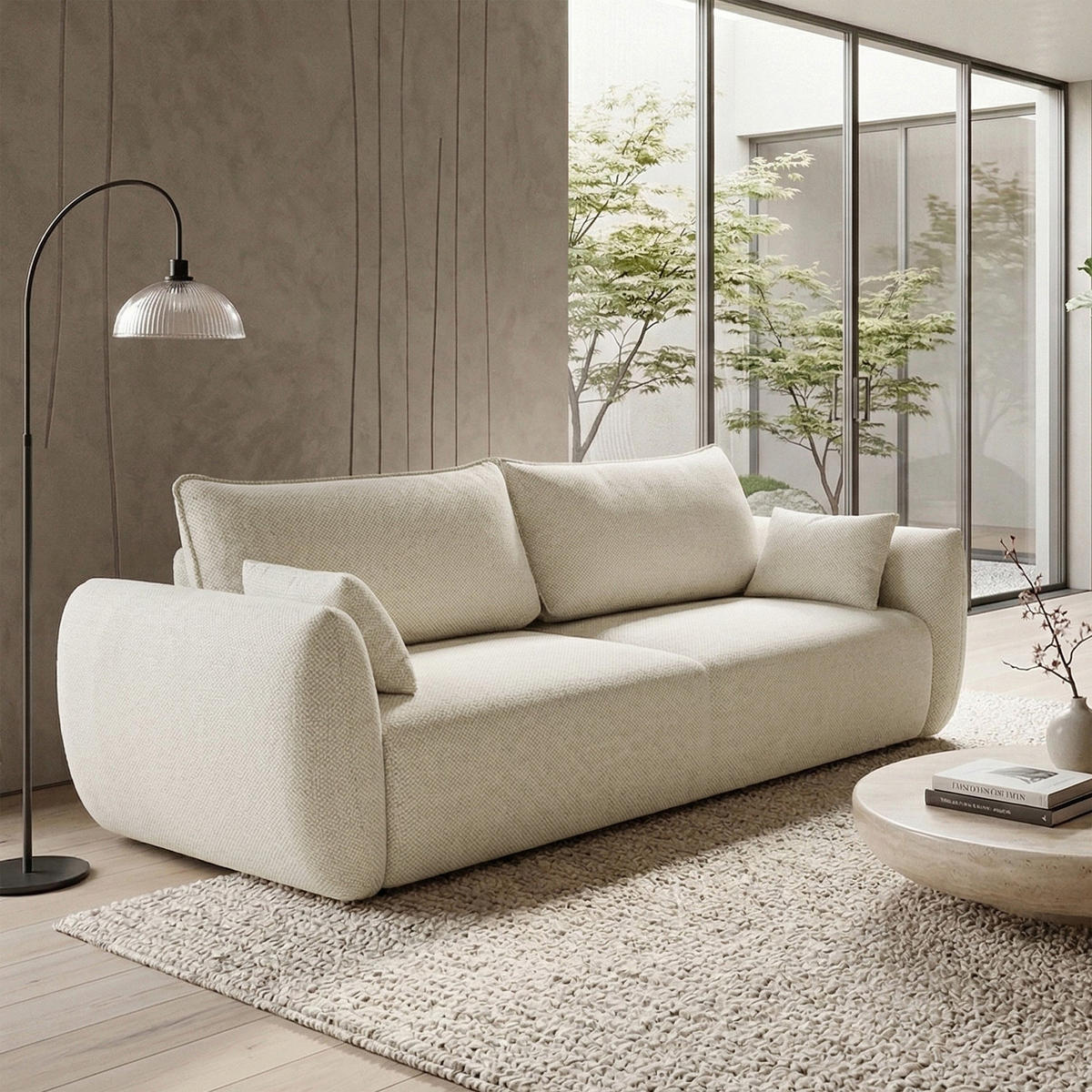 3-SITZER SCHLAFSOFA Zordo Chenille Hellbeige - Ecru/Schwarz, Kunststoff/Textil (238/91/102cm) - Selsey
