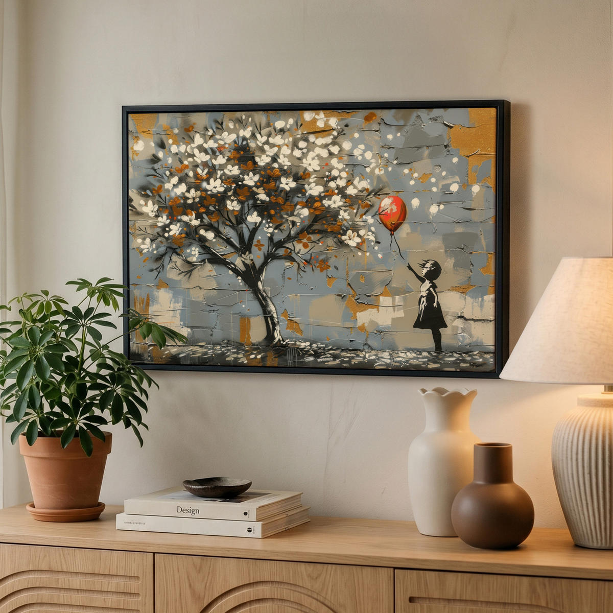 LEINWAND Bilder mit Rahmen - Baum - Graffiti - Banksy-Stil - Ballon-Mädchen - 60x40 - Blaugrau, Textil (60/40cm) - MuchoWow