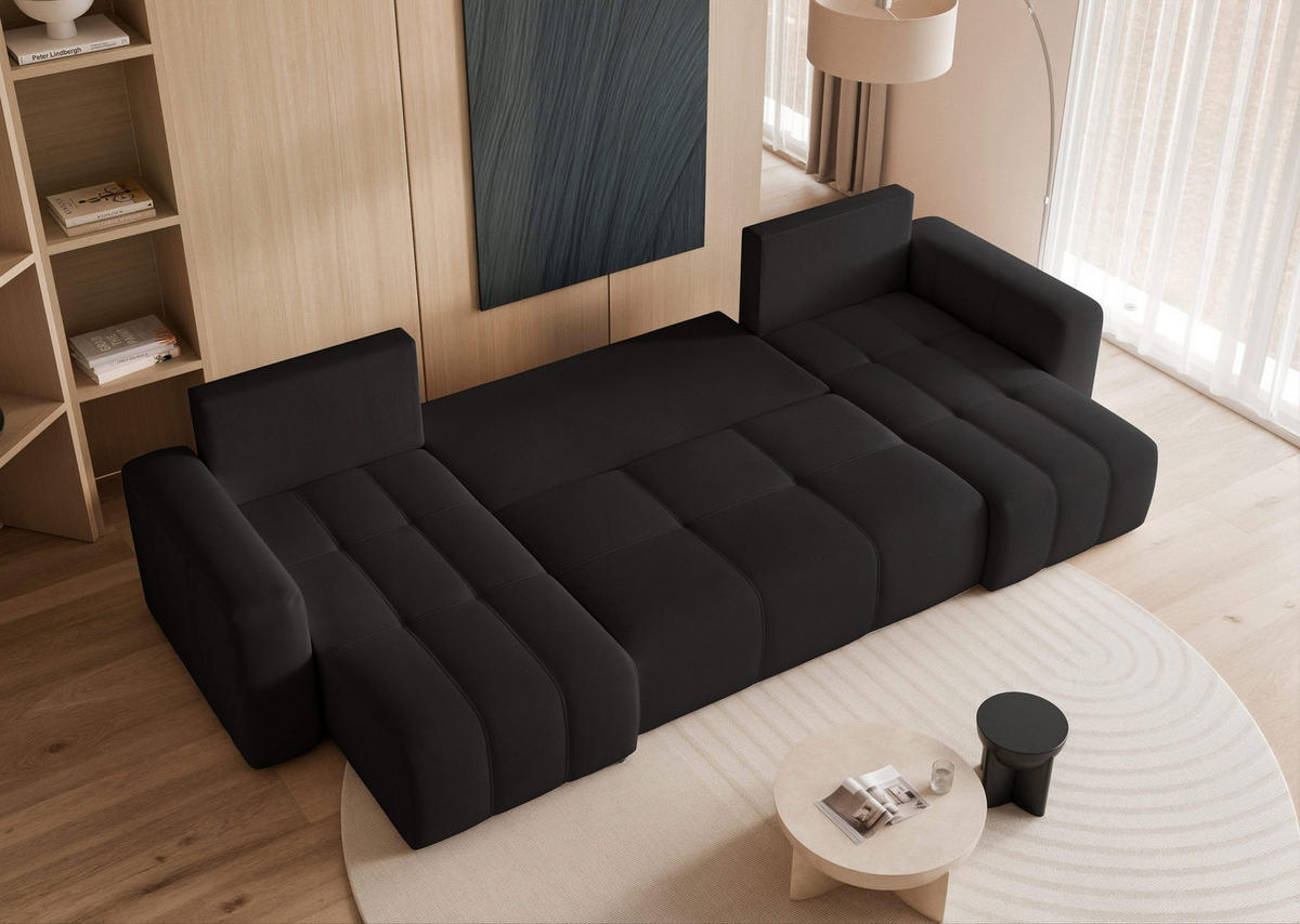 WOHNLANDSCHAFT U-Form Velours mit Bettkasten und Schlaffunktion - Schwarz, Holzwerkstoff/Textil (318/79/145cm) - Idohome