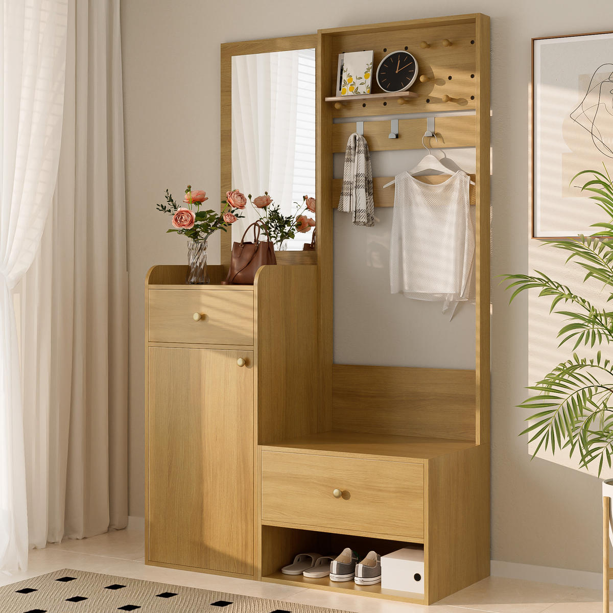 GARDEROBE 105 cm Spiegel Haken Stauraum - Naturfarben, Holzwerkstoff (105/180/38cm) - LEBENLANG