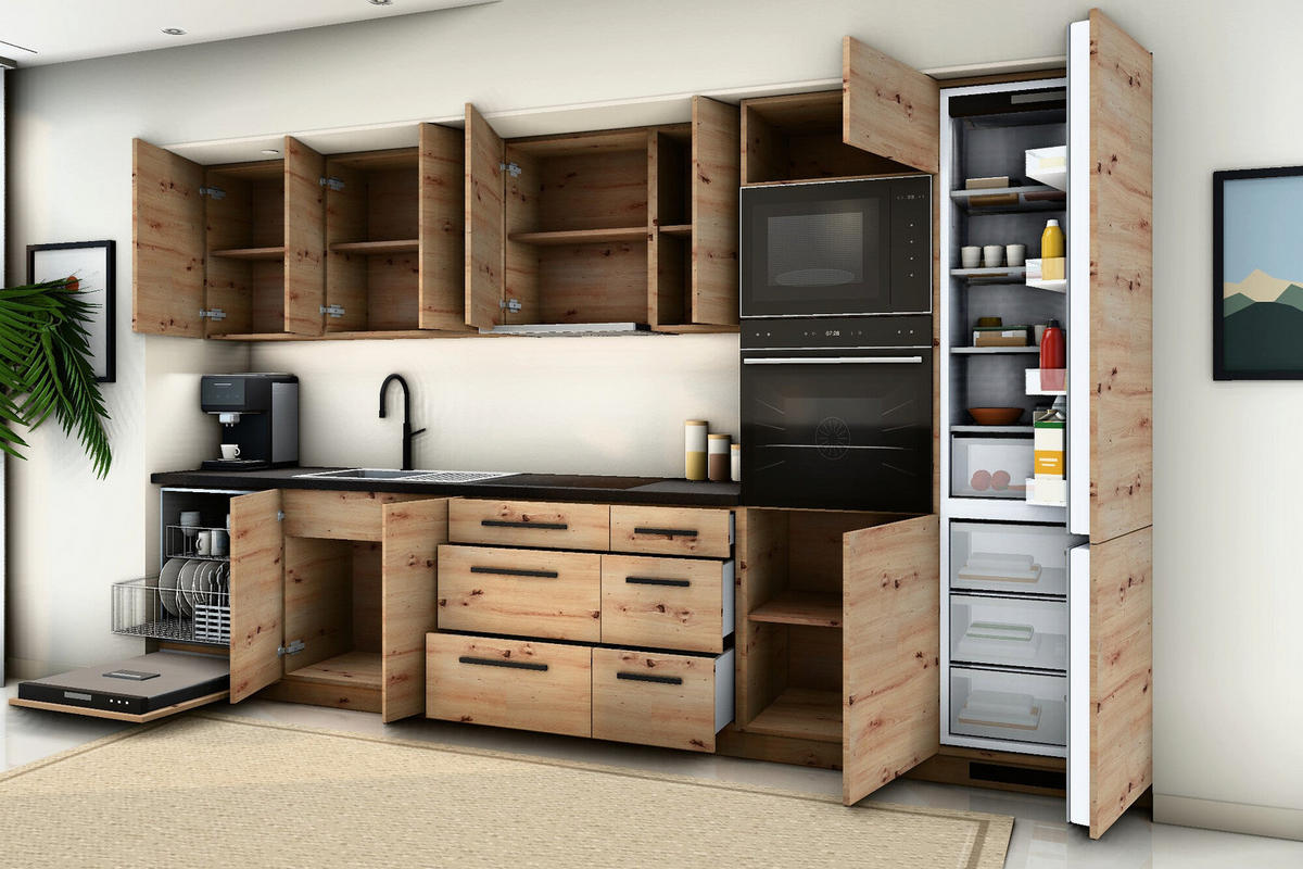 KÜCHENZEILE Nexa Woodline & Artisan-Eiche – 360 cm – KÜ-NEXA-002 - Hellbraun, Holzwerkstoff (360/212/58cm) - ROYAL24_MARKT
