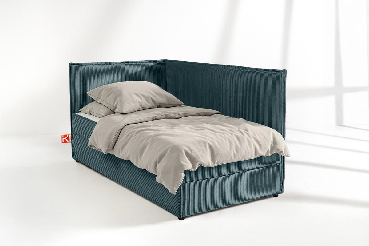 JUGENDBETT ROTI Einzelbett mit Bettkasten, 90x200cm, Bett mit Bonellmatratze, mit Rückenlehne - Blau/Schwarz, Holz/Holzwerkstoff (92/200cm) - KONSIMO®