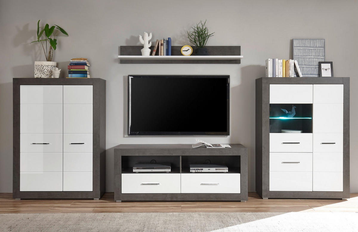 WOHNWAND weiß Hochglanz, grau Stone 4-teilig 370 x 170 cm, Wohnkombination mit viel Stauraum - Chromfarben/Weiß Hochglanz, Glas/Holzwerkstoff (370/170/45cm) - Furn.Design
