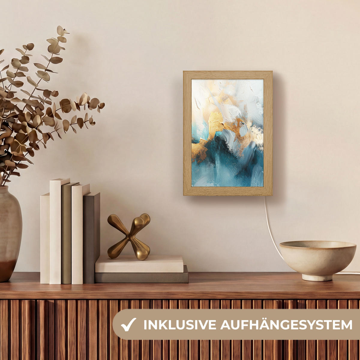 TISCHLEUCHTE Abstrakt - Kunst - Gold - Blau 15x20 cm - Aubergine, Holzwerkstoff (8/15/20cm) - OnlyWow