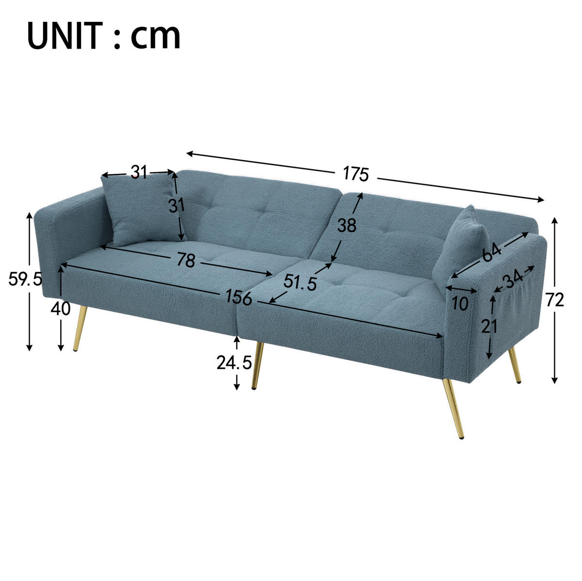 SCHLAFSOFA aus Lammwollstoff 175x64x72 cm in Antikblau mit Bettfunktion - Blau, Textil (175/72/64cm) - Modfu