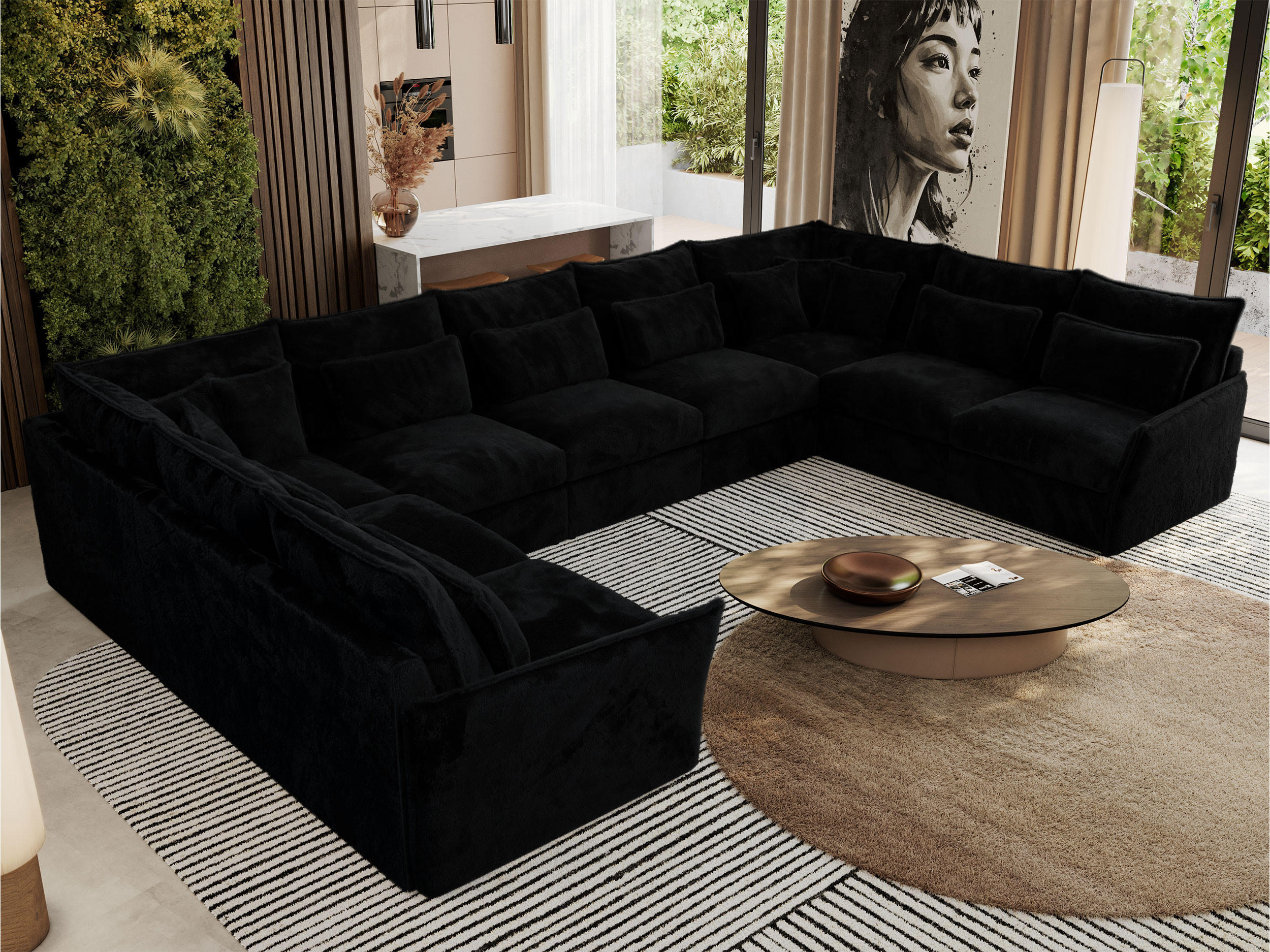 WOHNLANDSCHAFT VERSO U 9M Schwarz Plüsch - Schwarz, Kunststoff/Textil (442/93/270cm) - MKS