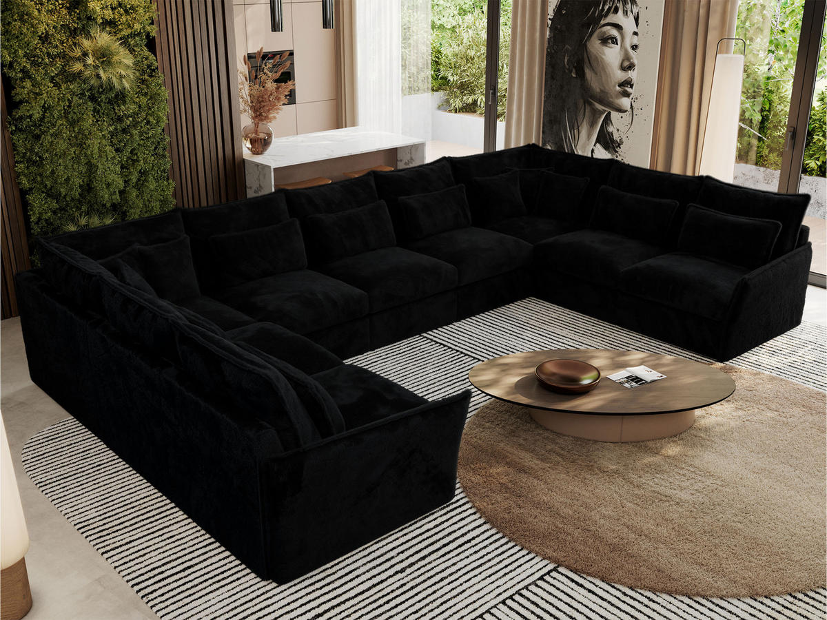 WOHNLANDSCHAFT VERSO U 9M Schwarz Plüsch - Schwarz, Kunststoff/Textil (442/93/270cm) - MKS