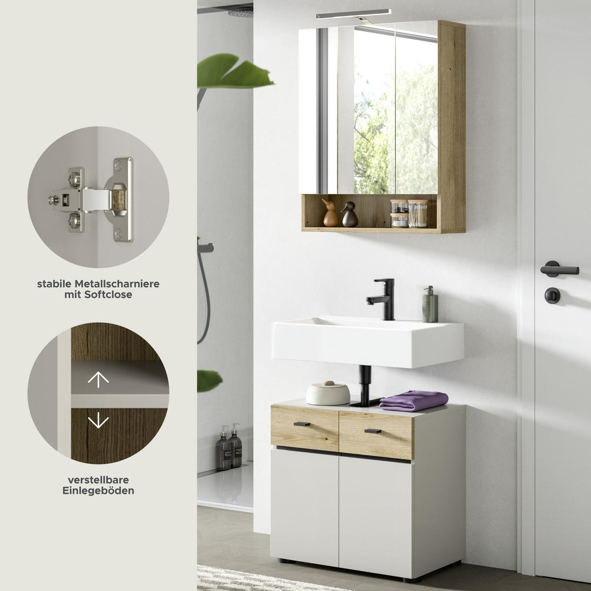 BADKOMBINATION INKL. BELEUCHTUNG Aqua Kaschmir 60/35/191 cm - Beige, Holzwerkstoff (60/191/35cm) - Xonox