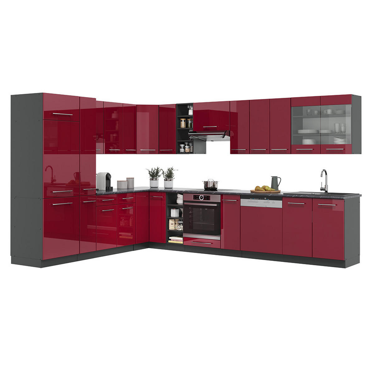 ECKKÜCHE Fame-Line Bordeaux Hochglanz/Anthrazit 347 x 257 cm ohne AP - Bordeaux/Anthrazit, Holzwerkstoff (347/81.6/46cm) - Vicco