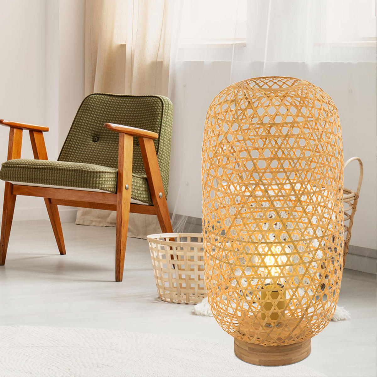 TISCHLEUCHTE Bambusoptik Braun - Braun, Holz (22/22/46cm) - Globo Lighting