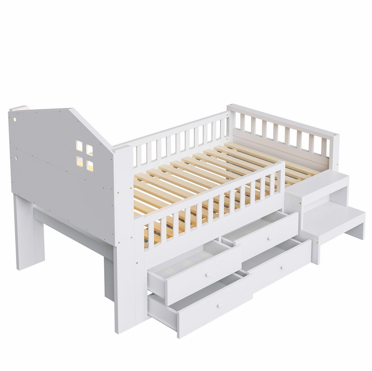 KINDERBETT 90/200 cm mit LED-Beleuchtung, USB- und Typ-C-Anschluss, 4 Schubladen und Treppe, Weiß - Weiß, Holzwerkstoff (90/200cm) - Redom