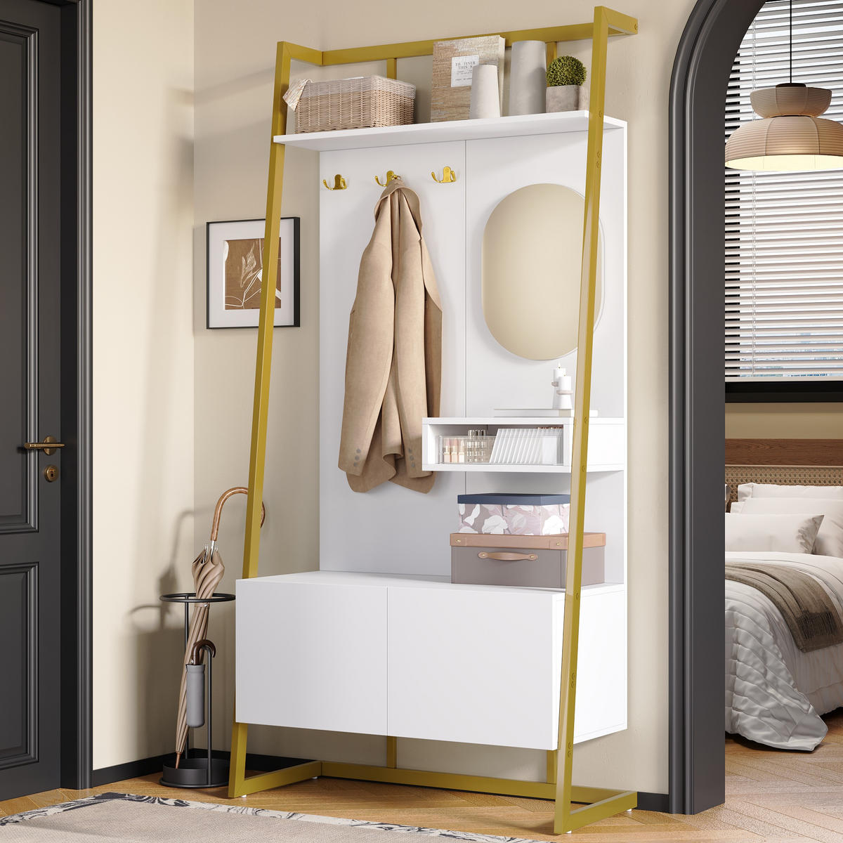 GARDEROBE Kompakt Spiegel Schuhbank Metallhaken - Weiß, Holzwerkstoff (38.5/180.5/78cm) - FLIEKS