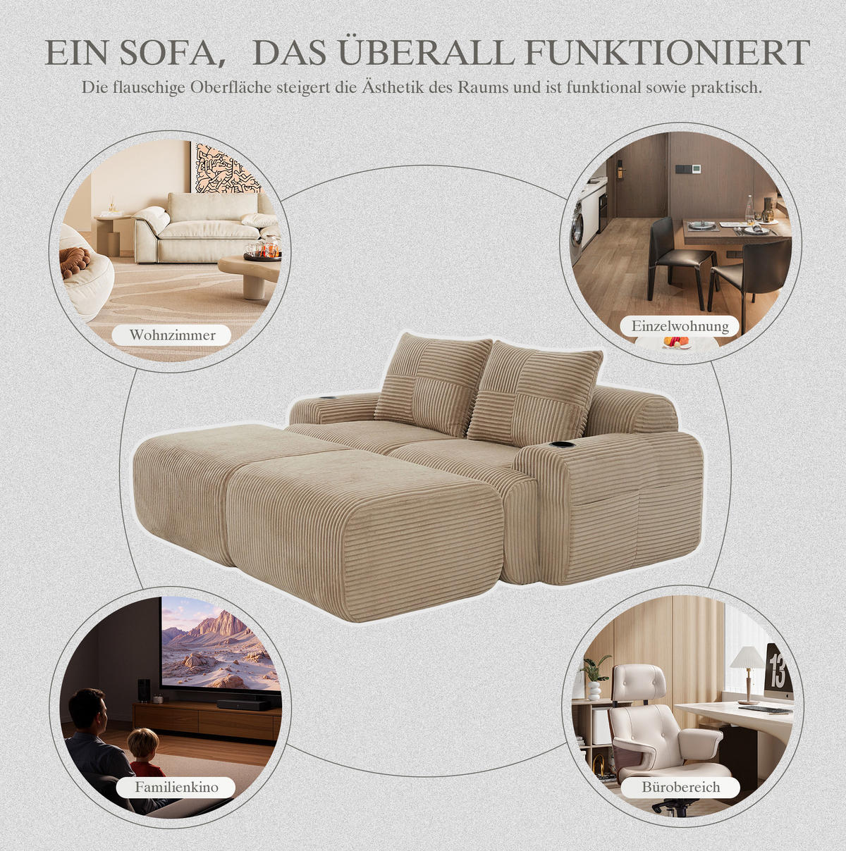 MODULARES 2-Sitzer Cordsofa mit 2 Hockern Getränkehalter und Seitentasche 200/174/80 cm Sandfarben - Sandfarben, Textil (174/80/200cm) - Redom