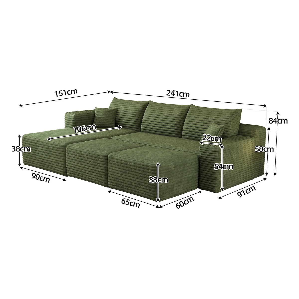 WOHNLANDSCHAFT Cord Grün ohne Montage - Grün, Textil (241/58/151cm) - WISHDOR
