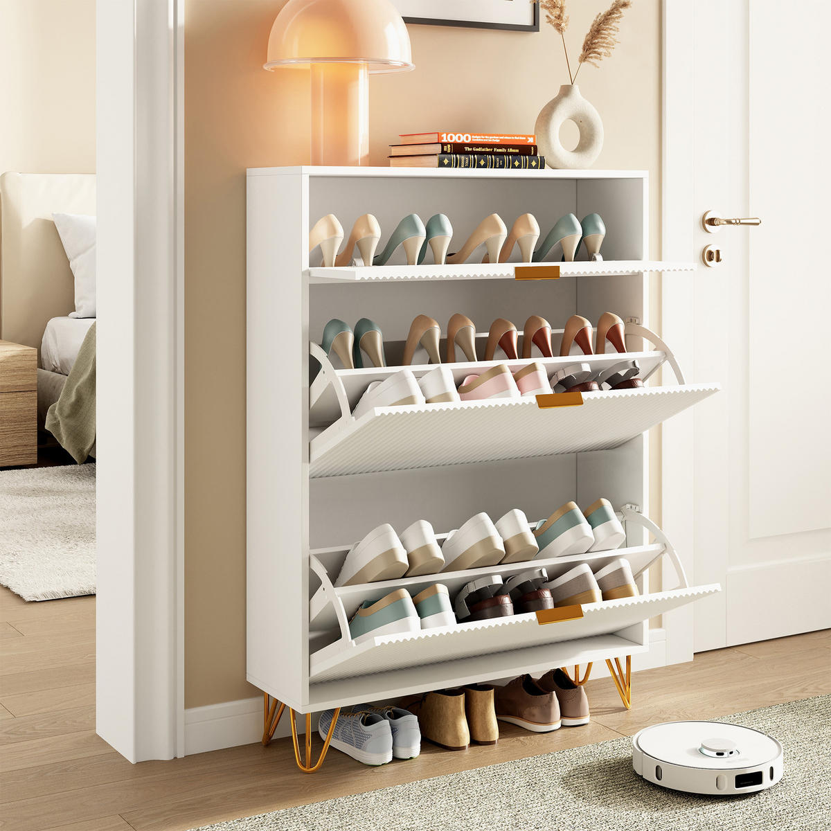 SCHUHSCHRANK 3 Klappen mit Stauraum, Schuhregal für Eingangsbereich - Weiß, Holz (80/118.5/24cm) - Joyfair