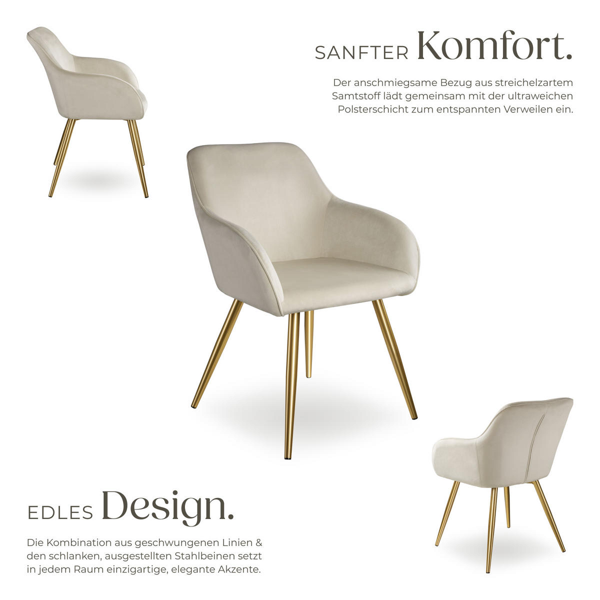 ESSZIMMERSTUHL 2er Set Marilyn 58 x 62 x 82 cm creme/gold - Goldfarben/Creme, Textil (58/82/62cm) - tectake