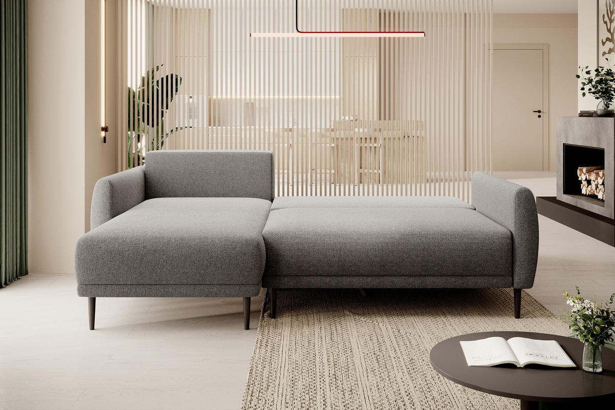 ECKSOFA BONO Stilvolles Sofa mit Schlaffunktion, Robuste Holzfüße, Elegante Armlehnen, Tiefe Sitzfläche 226x164x88cm, Linke, Grau - Grau, Holz/Textil (164/226cm) - DomoHome