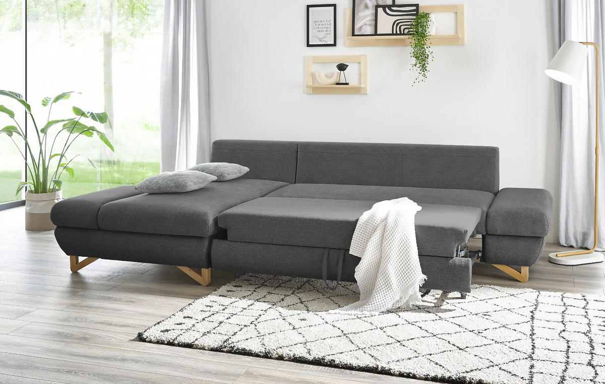 ECKSOFA grau Struktur-Stoff, Sofa mit Bettfunktion und Stauraum 284 cm - Grau, Holz/Textil (166/284cm) - Furn.Design