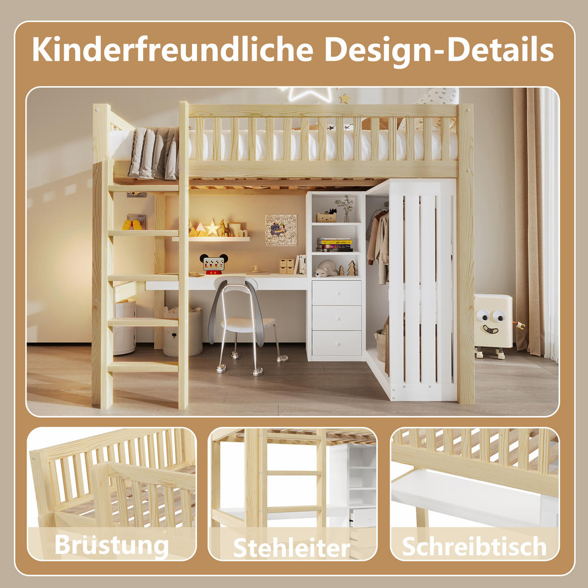 HOCHBETT 140x200cm Natur Holz Schreibtisch Kleiderschrank 3 Schubladen - Naturfarben, Holz (140/200cm) - FLIEKS