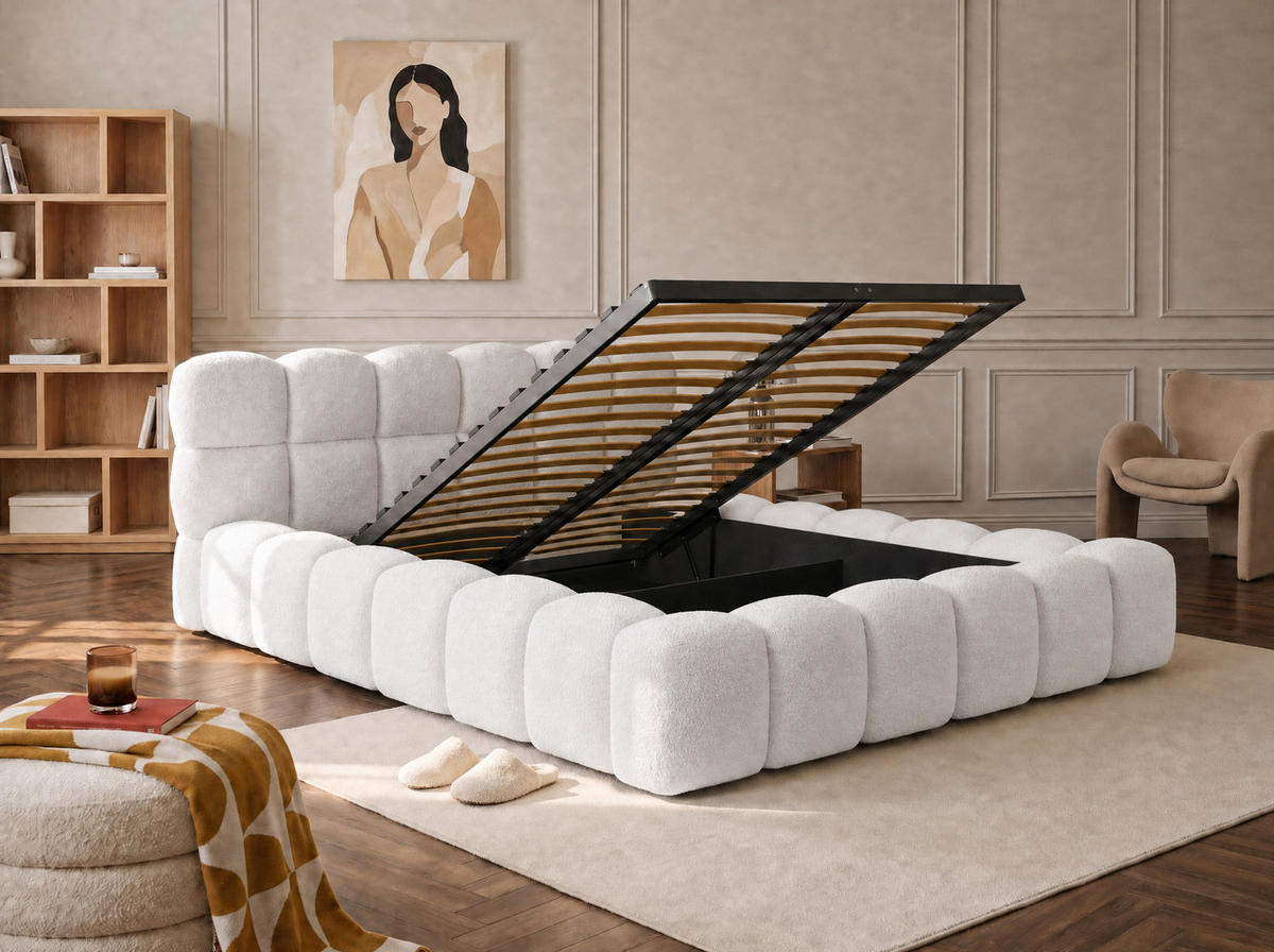 POLSTERBETT Mira Off-White 180/200 cm Boucle mit Bettkasten - Creme, Textil/Metall (180/200cm) - wonello