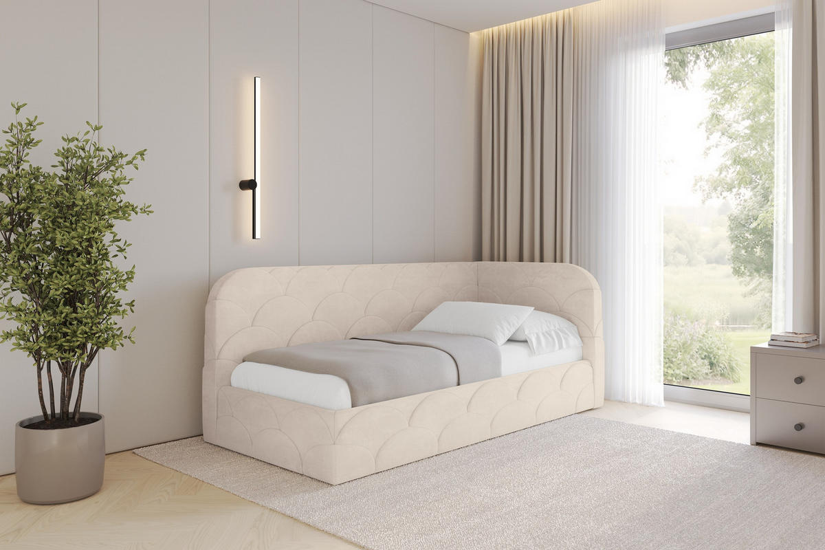 EINZELLBETT Jugendbett mit Bettkasten und Matratze H3/H4, Links - ELRY 90x200 Beige - Beige, Holzwerkstoff/Textil (90/200cm) - ALTDECOR