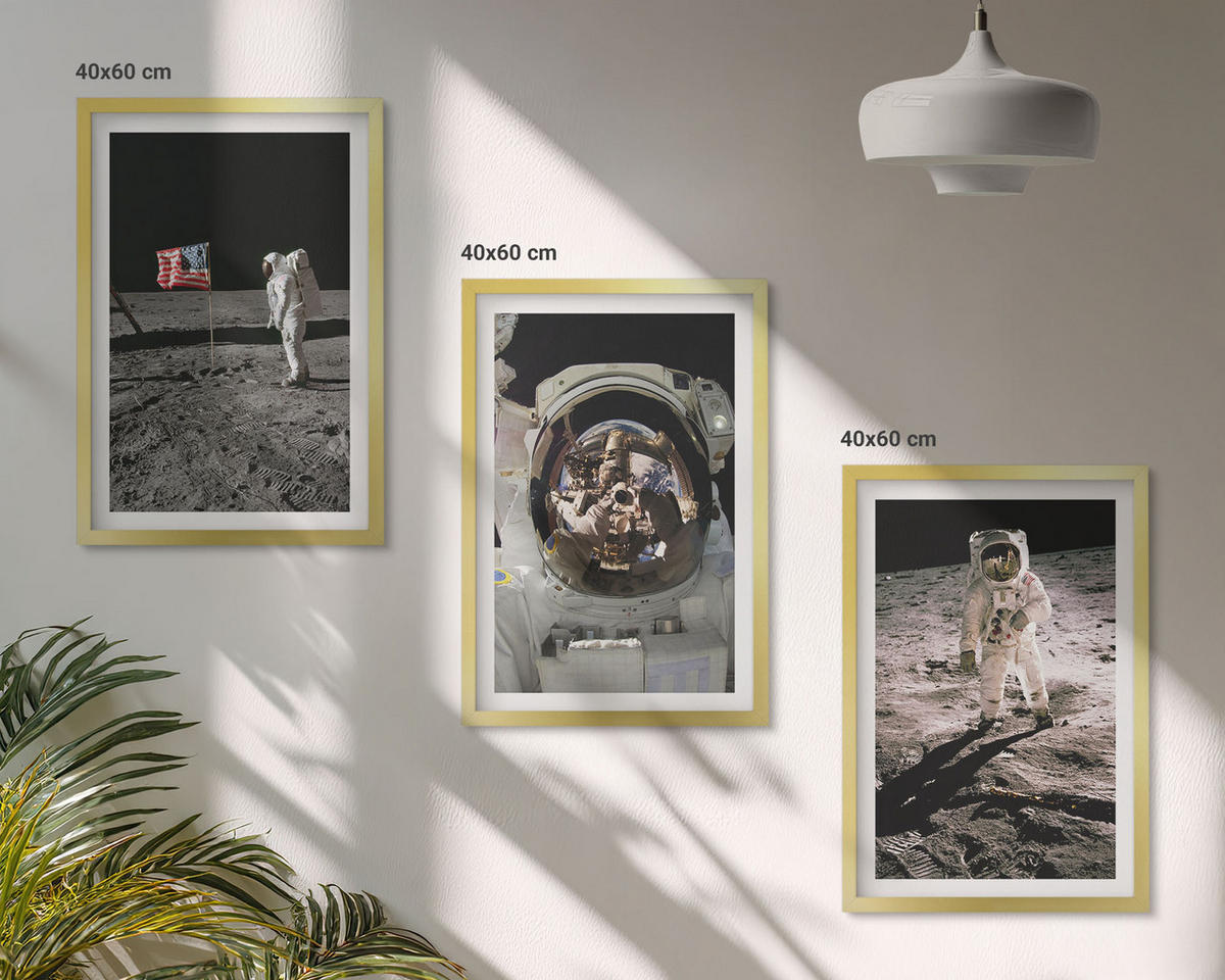 WANDBILDER 3er Set - 40x60 cm Goldrahmen - NASA-Mondlandung - Goldfarben, Kunststoff (40/60cm) - ArtPrintCave