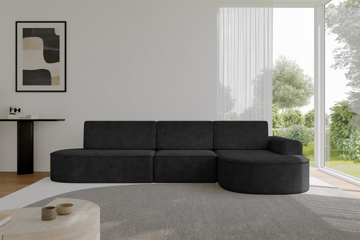 ECKSOFA mit Schlaffunktion Ottomane RECHTS MARI L2-S 368X167X85 Schwarz Velours - Schwarz, Holzwerkstoff/Kunststoff (167/368cm) - ALTDECOR